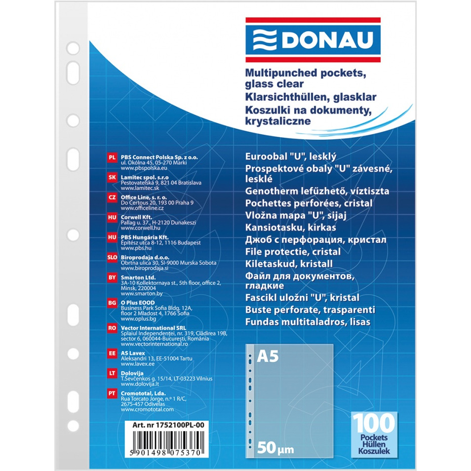 Koszulki na dokumenty DONAU, PP, A5, krystal, 50mikr., 100szt., 1752100PL-00
